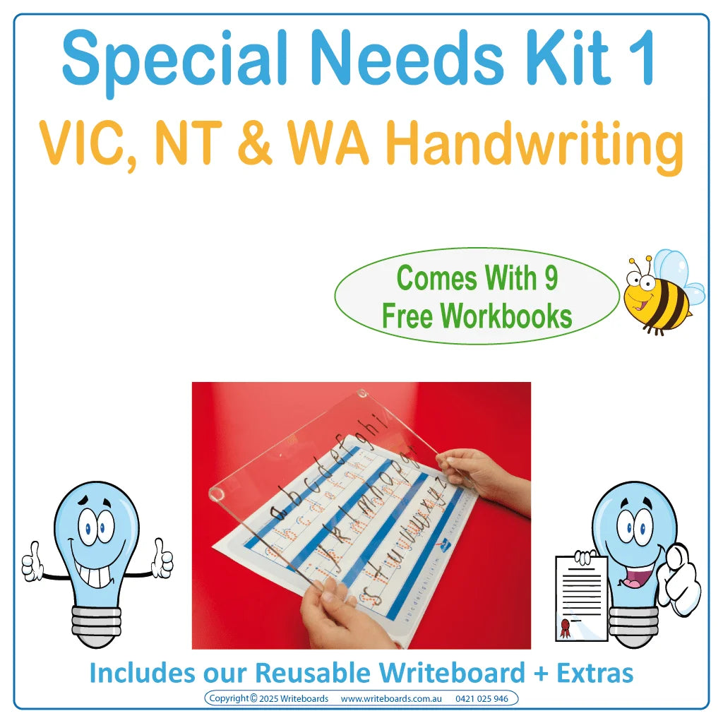 VIC Modern Cursive Special Needs Kit includes our Reusable Writeboard & VIC Worksheets & Flashcards