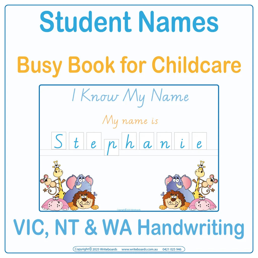 VIC Modern Cursive Student Name Busy Book for Childcare and Kindergarten Educators, Ages 3+