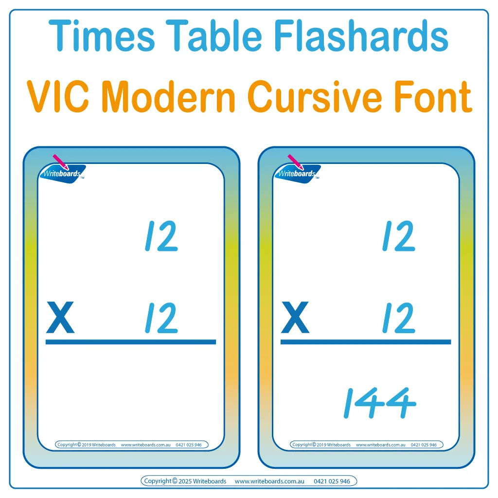 Teach multiplication with VIC Modern Cursive Font Times Tables 288 Flashcards for VIC & WA classrooms