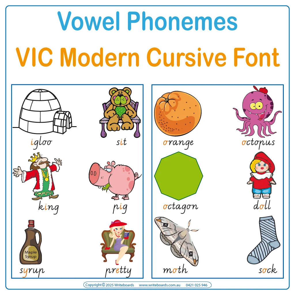 Teach vowel phonemes with VIC Modern Cursive Font posters featuring 211 words and pictures