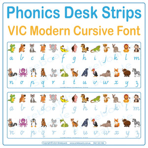 Help students connect letters and sounds with animal-themed desk strips in VIC Modern Cursive Font