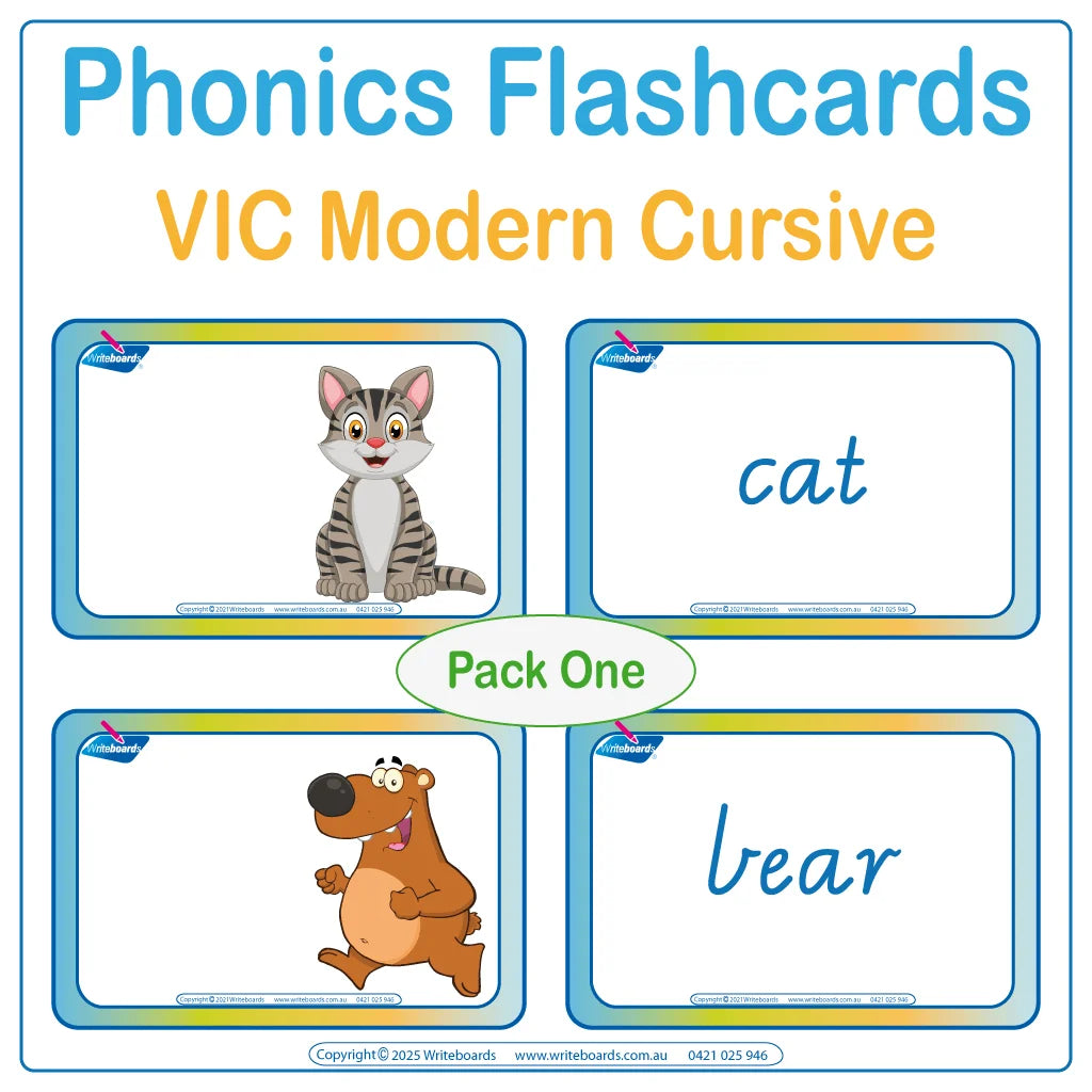 Animal phonic flashcards in VIC Modern Cursive Font supporting sound recognition and letter formation for students