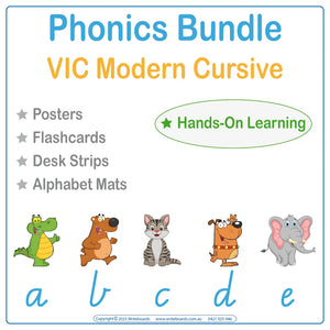 VIC Modern Cursive Phonics Teaching Bundle for Teachers with flashcards worksheets desk strips and posters