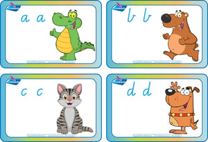 VIC Modern Cursive phonics flashcard showing an animal picture with the repeated phonics letter