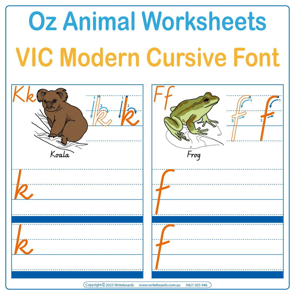 VIC Modern Cursive Australian Animal Alphabet Tracing Worksheets for Prep & Childcare Educators