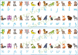 VIC Modern Cursive Phonics desk strips for childcare showing letter sounds with picture prompts
