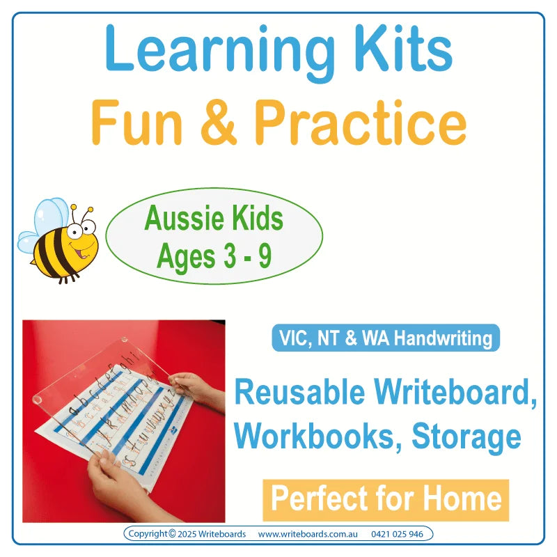 Educational kits for kids in VIC WA and NT with reusable Writeboard and fun learning worksheets