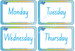 NSW Days of the Week Flashcards, Days of the week completed using NSW Handwriting