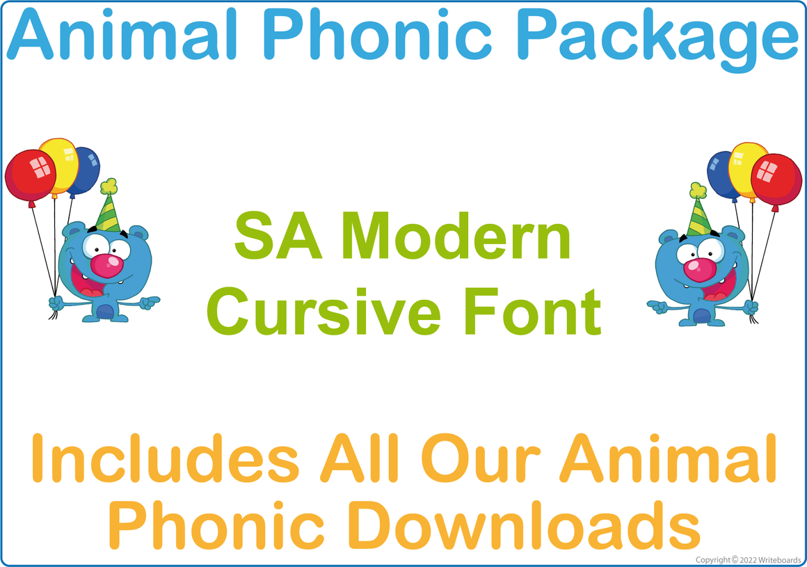SA Modern Cursive Font Animal Phonic Package for Teachers, SA Modern Cursive Font Zoo Phonic Package