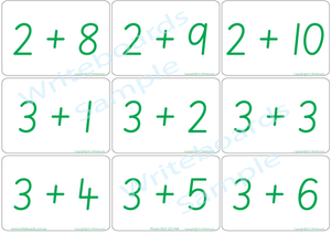 Educational Arithmetic Bingo Game using SA Modern Cursive Font handwriting. Addition and Subtraction to Twelve.