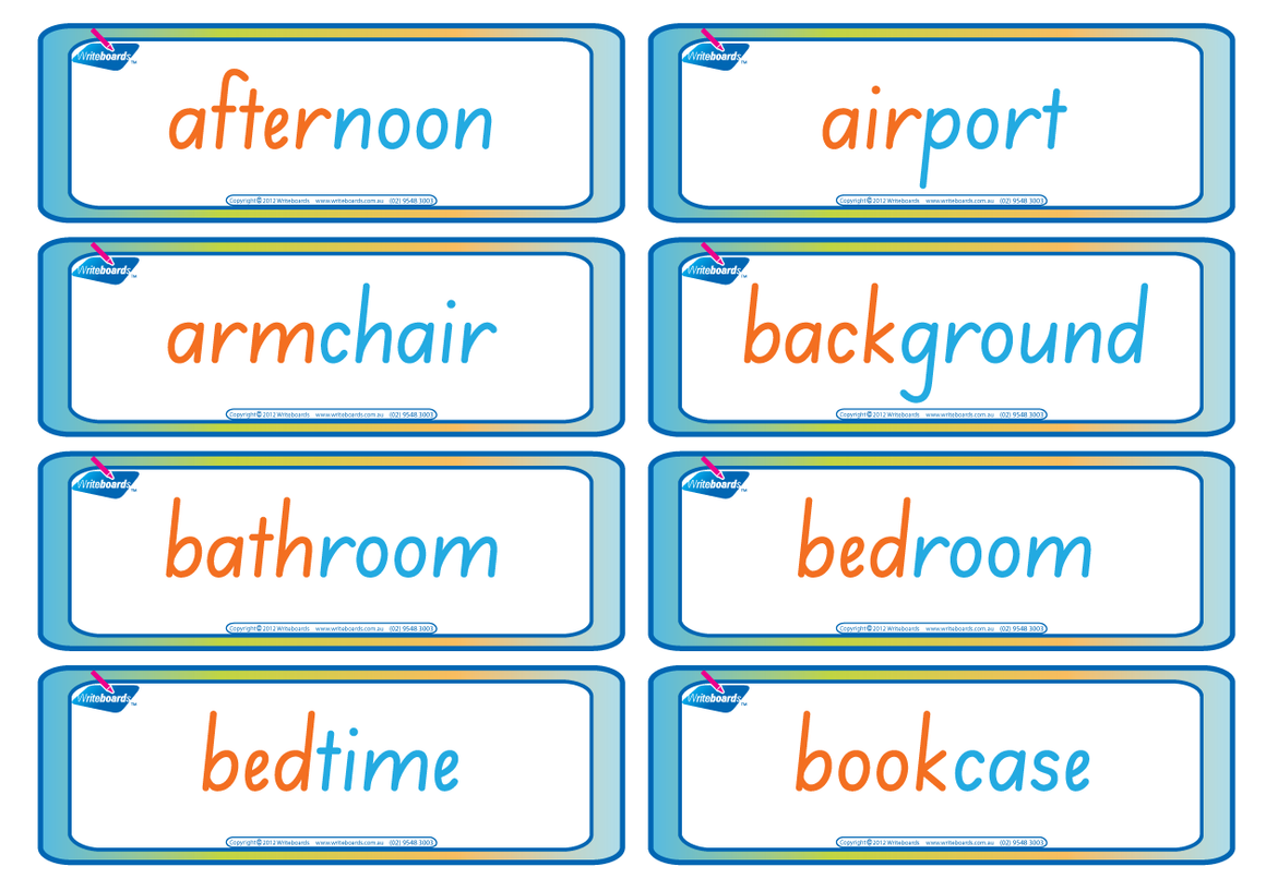 SA Modern Cursive Font Compound Word Flashcards for Teachers, Colour Coded Compound Word Flashcards for Teachers