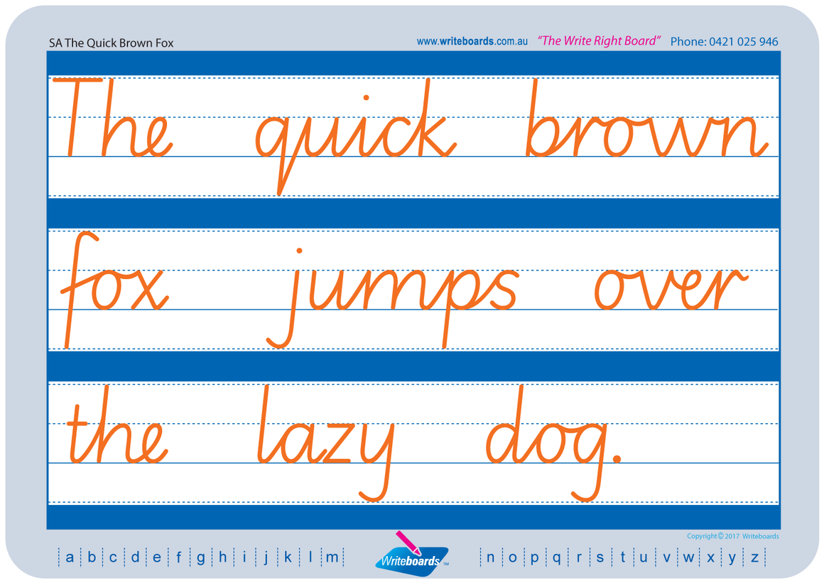 SA Modern Cursive Font Cursive Writing worksheets. Cursive handwriting for SA. Writeboards.