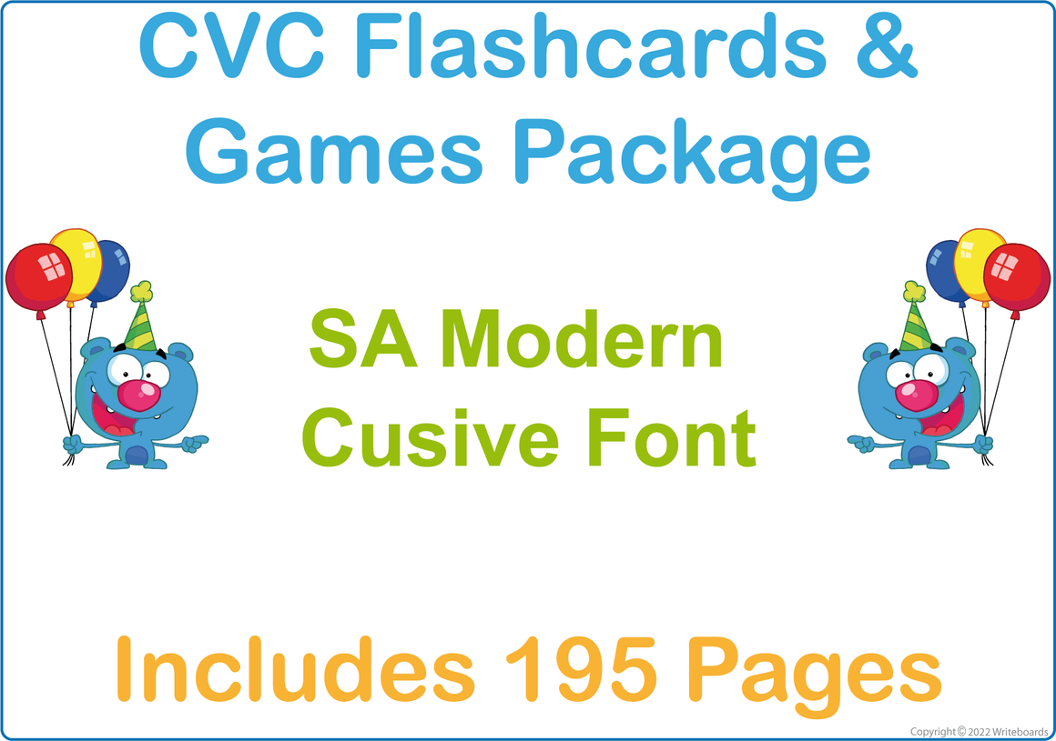 SA Modern Cursive Font CVC Flashcard & Games Package, CVC Flashcard & Games Package for Teachers