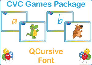QCursive Font CVC Games using Animal Phonic Pictures and Letters (for teachers), QLD Teaching Resources