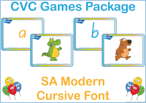 SA Modern Cursive Font CVC Games using Animal Phonic for Teachers, SA Phonic Teaching Resources