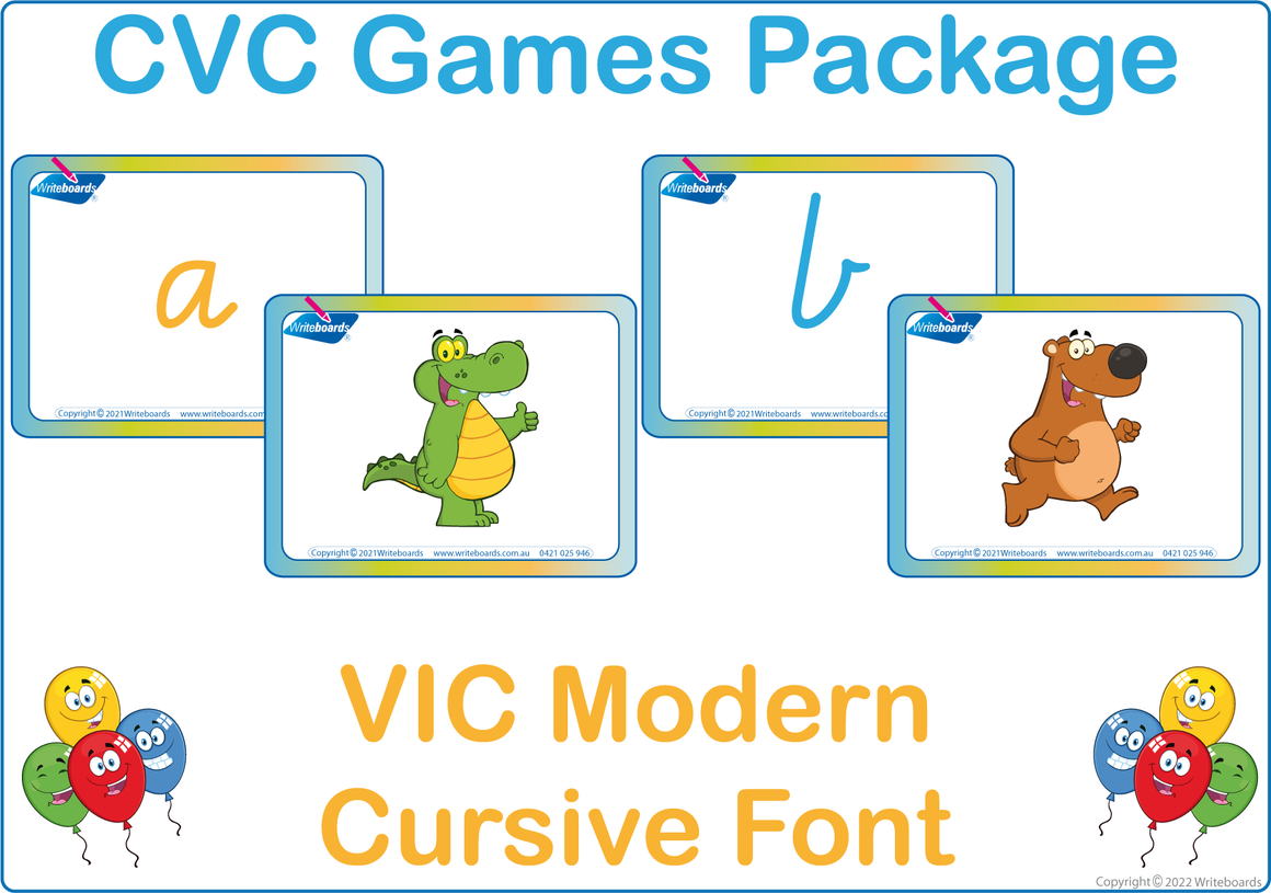 VIC Modern Cursive Font CVC Games using Animal Phonic Pictures and Letters, VIC Phonic Teaching Resources