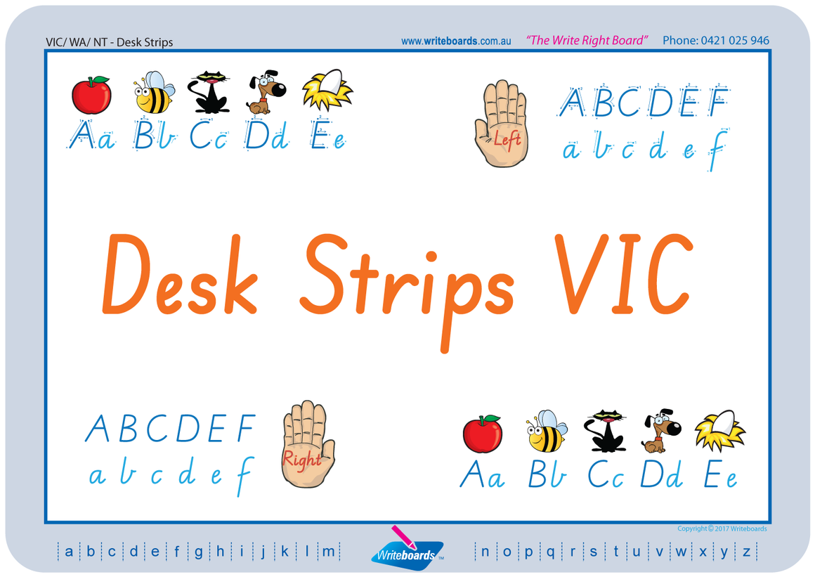VIC Modern Cursive Font Desk Strips for Tutors, Childcare & Occupational Therapists includes seven different styles