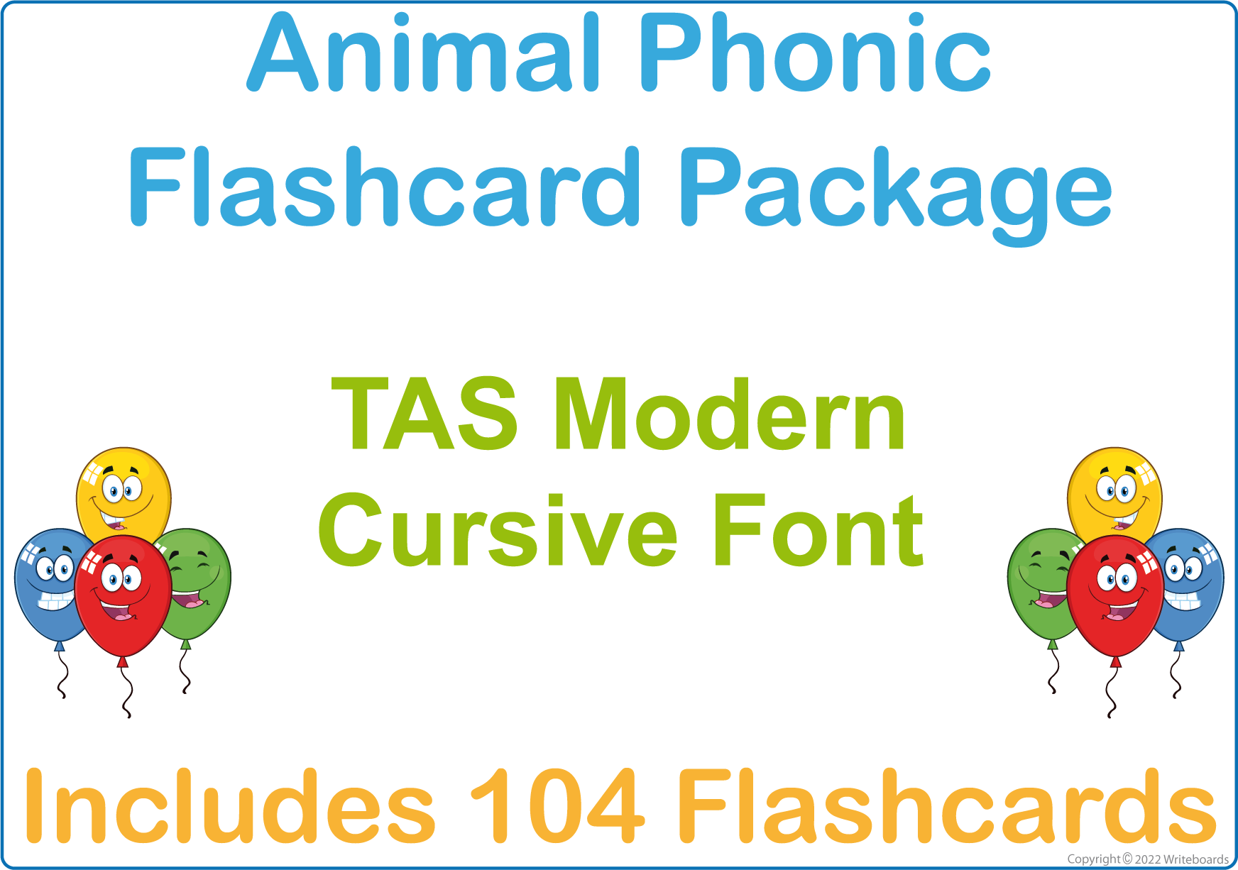 TAS Modern Cursive Font Animal Phonic Flashcards for Teachers, TAS Modern Cursive Font Zoo Phonic Flashcards