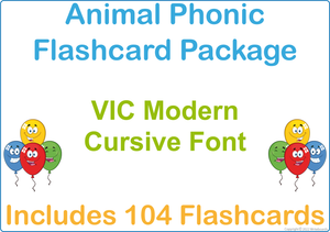VIC Modern Cursive Font Animal Phonic Flashcards for Teachers, VIC Modern Cursive Font Zoo Phonic Flashcards