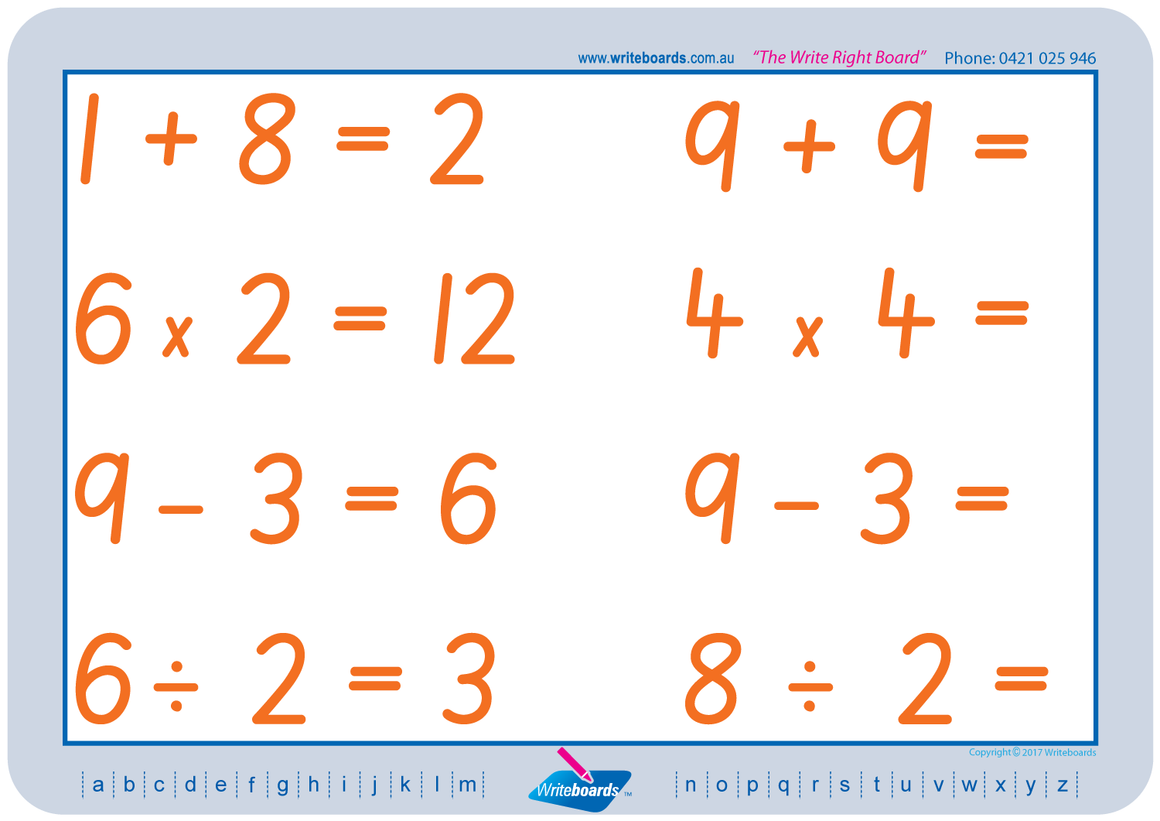 SA Modern Cursive Font Maths Worksheets. Addition, subtraction, multiplication, and division to twelve. SA handwriting.