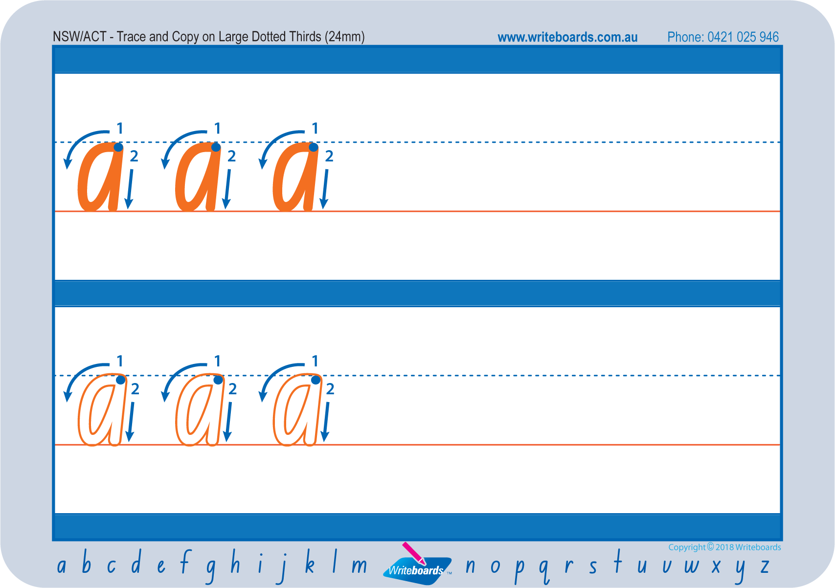 Large lowercase dotted third letter worksheets using NSW Foundation Font for Occupational Therapists and Tutors