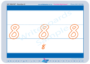 VIC Modern Cursive Font number handwriting worksheets and flashcards. Great for Special Needs children.