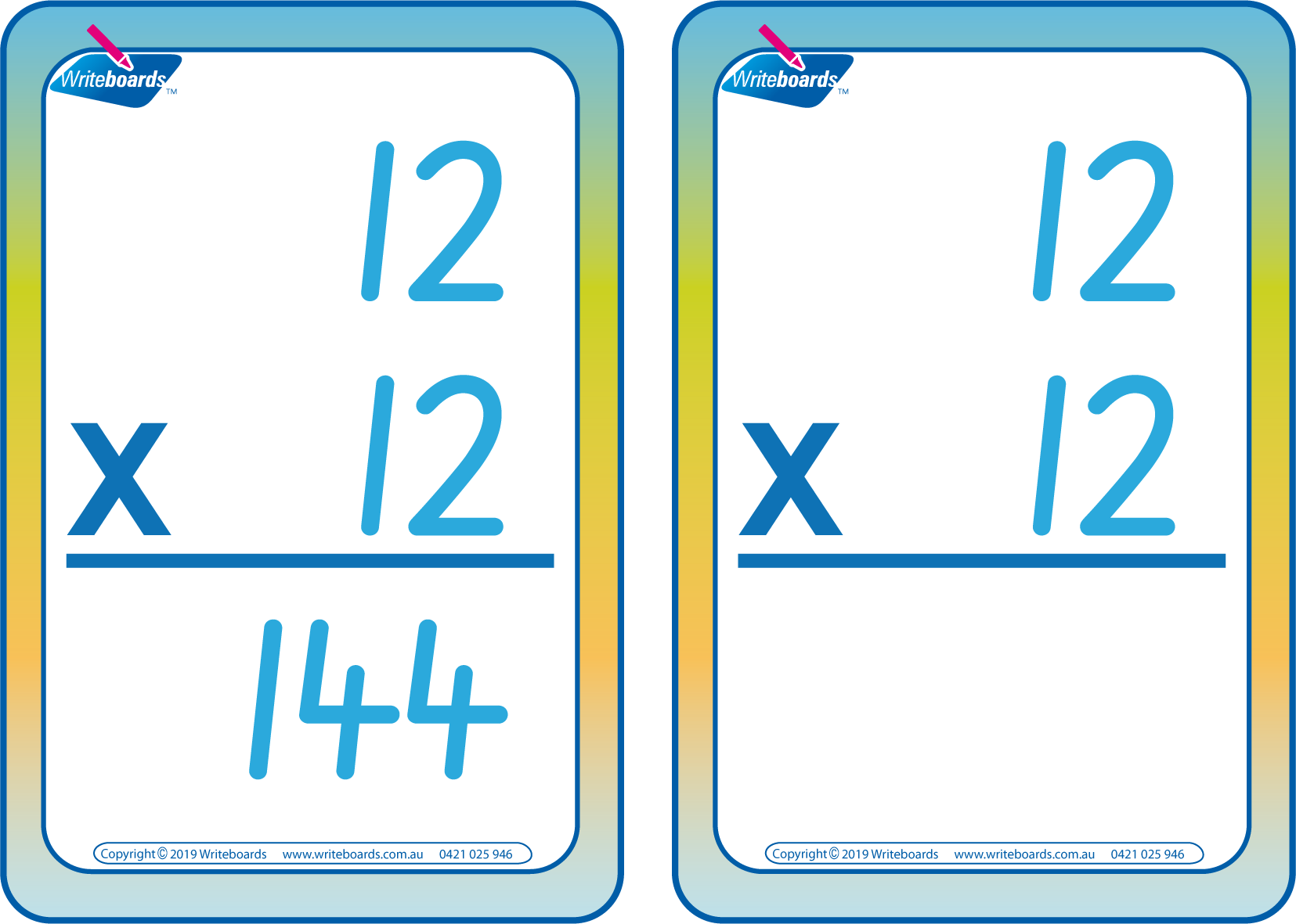 Teach multiplication with SA Modern Cursive Font Times Tables 288 Flashcards for SA classrooms