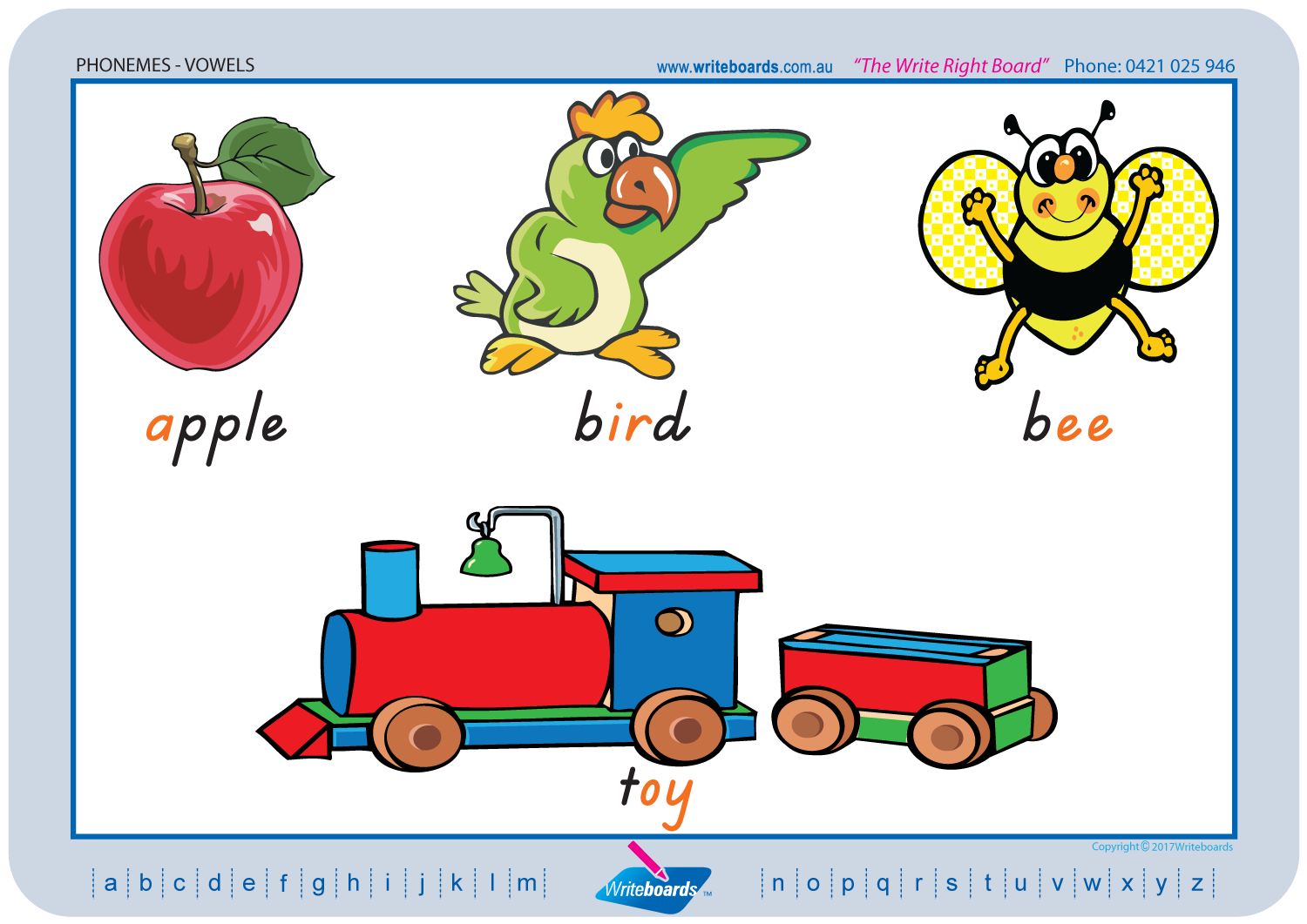 TAS Modern Cursive Font Vowel Phonemes Posters for Tutors and Therapists with Colourful Descriptive Pictures