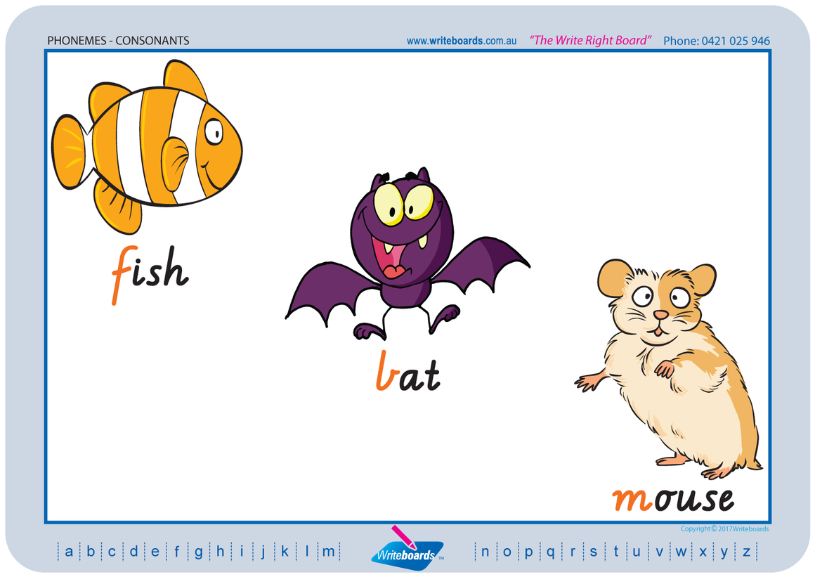 VIC Modern Cursive Font Consonant Phoneme Posters for Tutors and Therapists with descriptive pictures