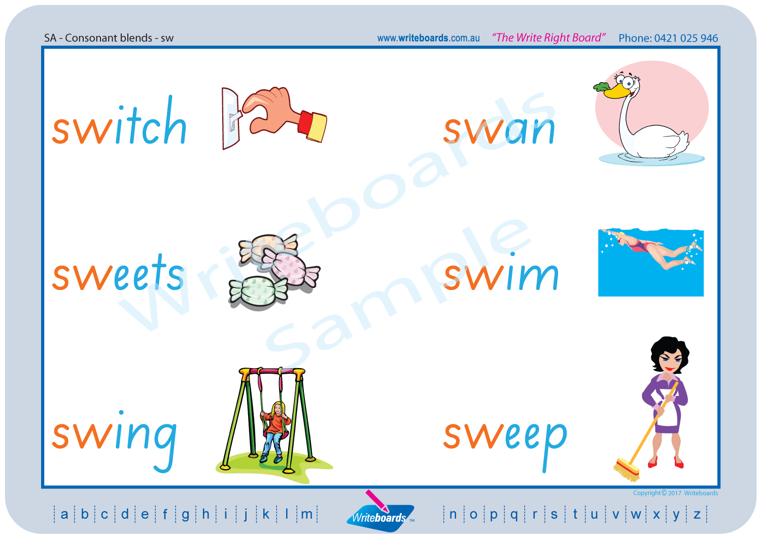 SA Modern Cursive Font Phonic Consonant Blends worksheets and posters. SA handwriting.