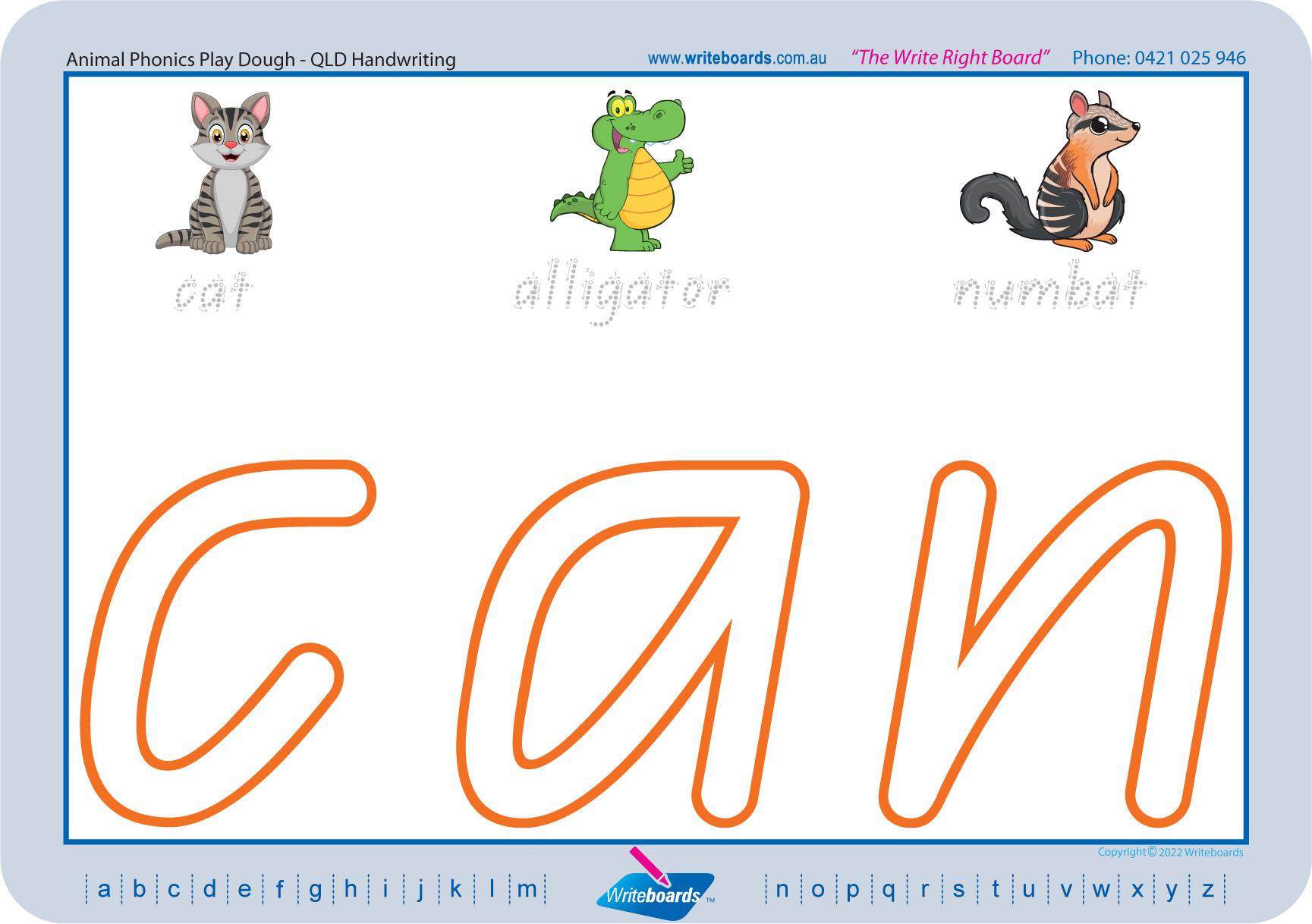 QLD Modern Cursive Font Animal Phonics Play Dough Pack with letters and animal pictures