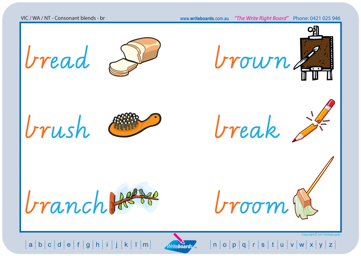 VIC Modern Cursive Font Colour Coded Phonic Consonant Blends Worksheets and Flashcards for Childcare and Kindergarten