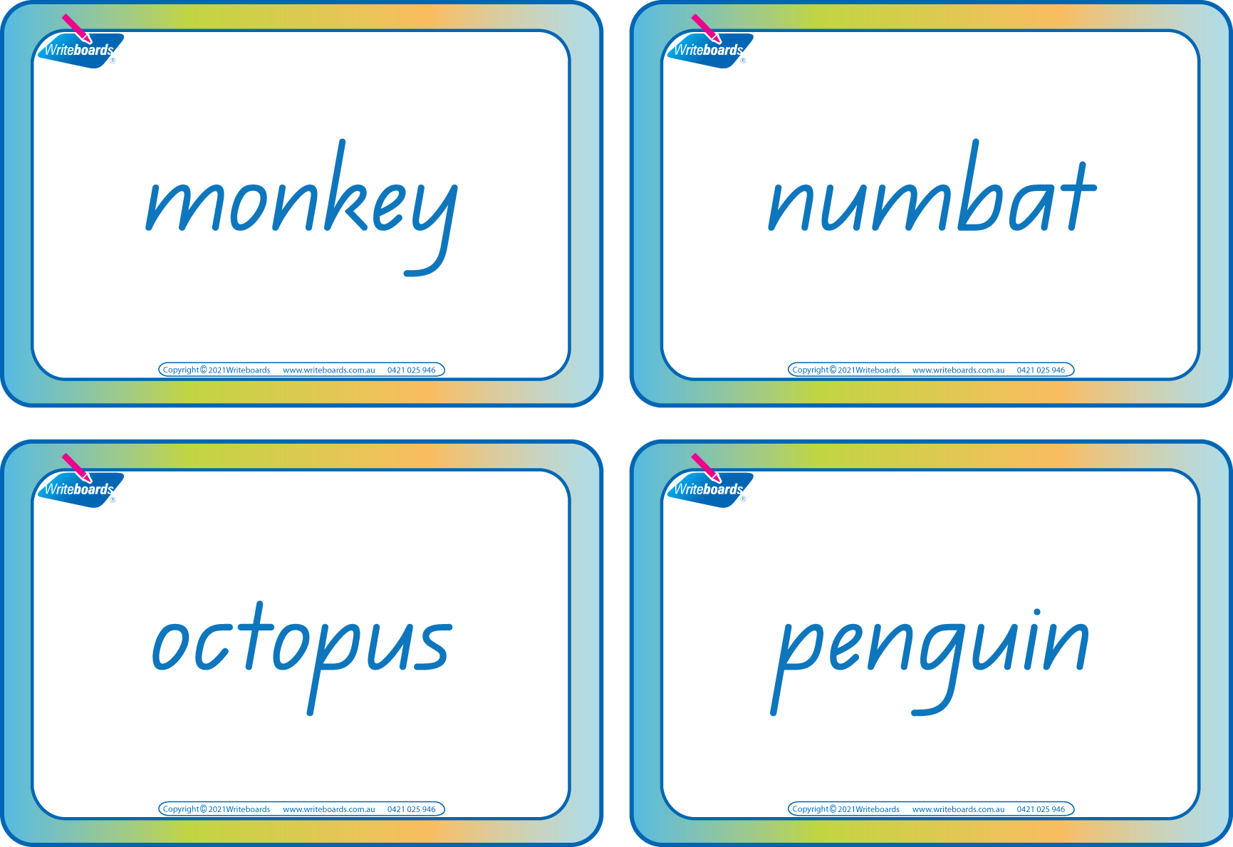 Animal Phonics Flashcard Package with 104 QLD Modern Cursive Font flashcards for Teachers