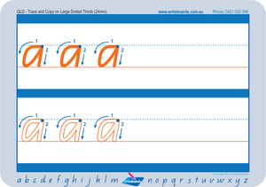 Special Needs QLD Modern Cursive Font Letters on the largest Dotted Thirds Lines