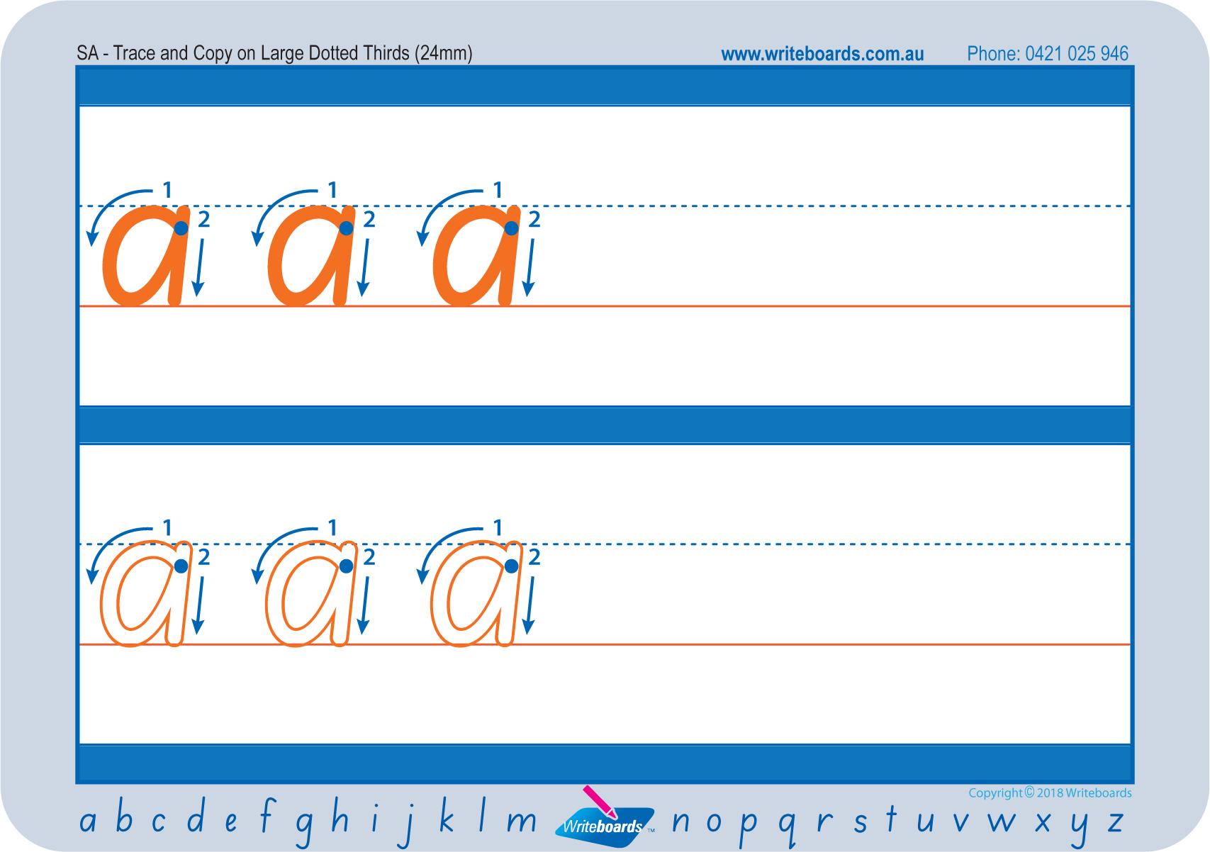 Large lowercase dotted third letter worksheets using SA Modern Cursive Font for Occupational Therapists and Tutors