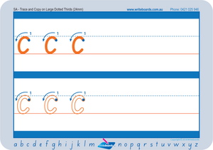 Large lowercase dotted third letter worksheets using SA Modern Cursive Font for Occupational Therapists and Tutors
