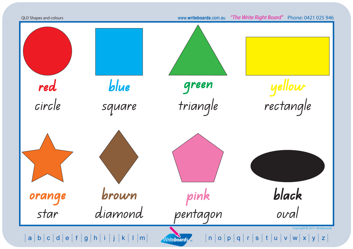 QLD Childcare and Kindergarten Resources, QLD Modern Cursive Font Shape and Colour worksheets and flashcards