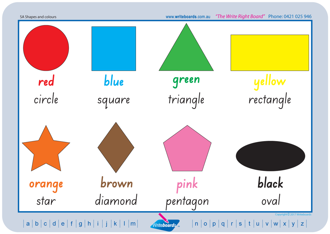 SA Childcare and Preschool Resources, SA Modern Cursive Font Shape and Colour worksheets and flashcards