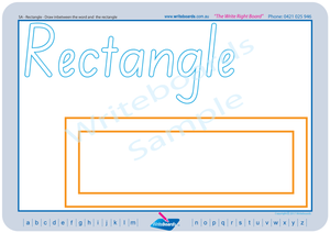 SA Childcare and Preschool Resources, SA Modern Cursive Font Shape and Colour worksheets and flashcards