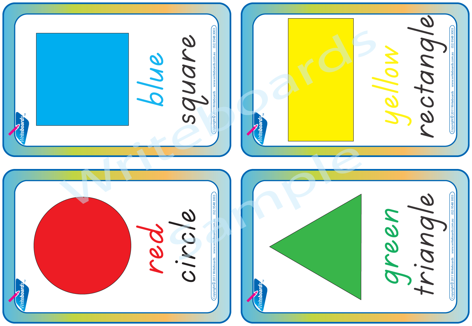 TAS Modern Cursive Font shape & colour worksheets and flashcards, teach your child shapes and colours