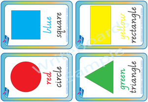 VIC Modern Cursive Font shape and colour shape and colour Flashcards. Great for Special Needs children.