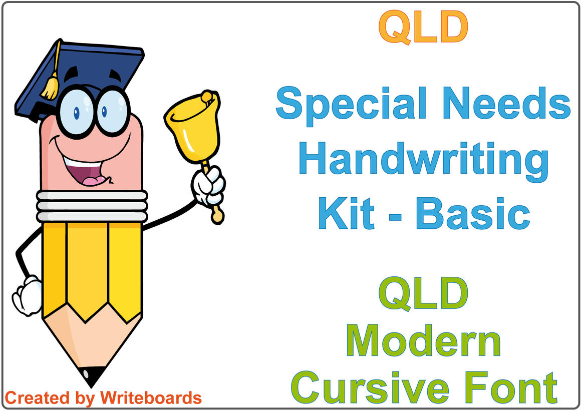 QLD Modern Cursive Font Special Needs Handwriting Kit includes worksheets and reusable writing board