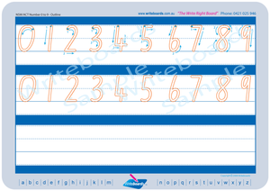 NSW Foundation Font numbers tracing worksheets completed in dots and outline format for teachers.