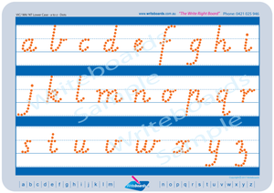 VIC Modern Cursive Font lowercase alphabet tracing worksheets completed using dots for teachers