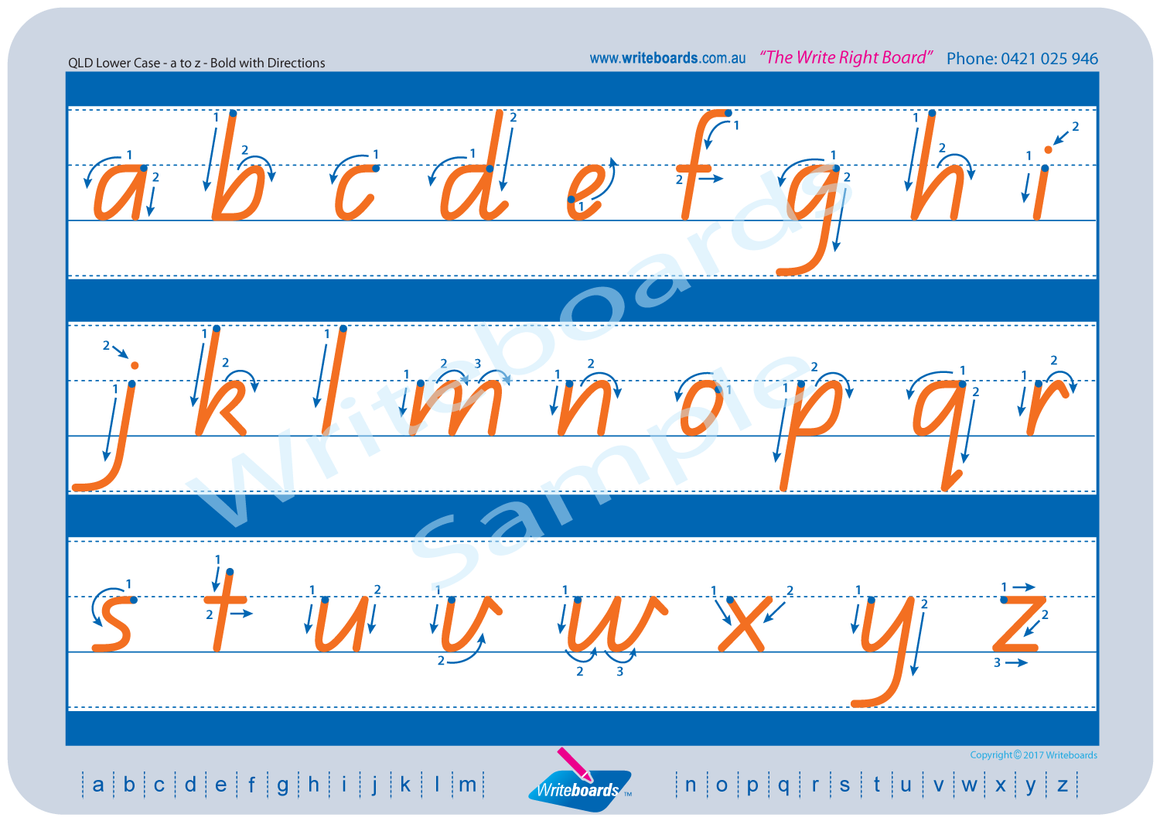 QLD Modern Cursive Font lower case alphabet tracing worksheets with directional arrows for teachers