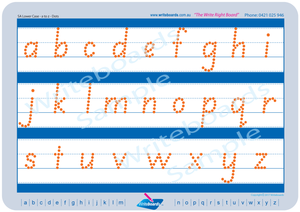 SA Modern Cursive Font lowercase alphabet tracing worksheets completed using dots for teachers
