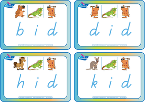TAS CVC Flashcards using Zoo Phonic Pictures, Rhyming CVC Flashcards using TAS Handwriting, TAS CVC Flashcards