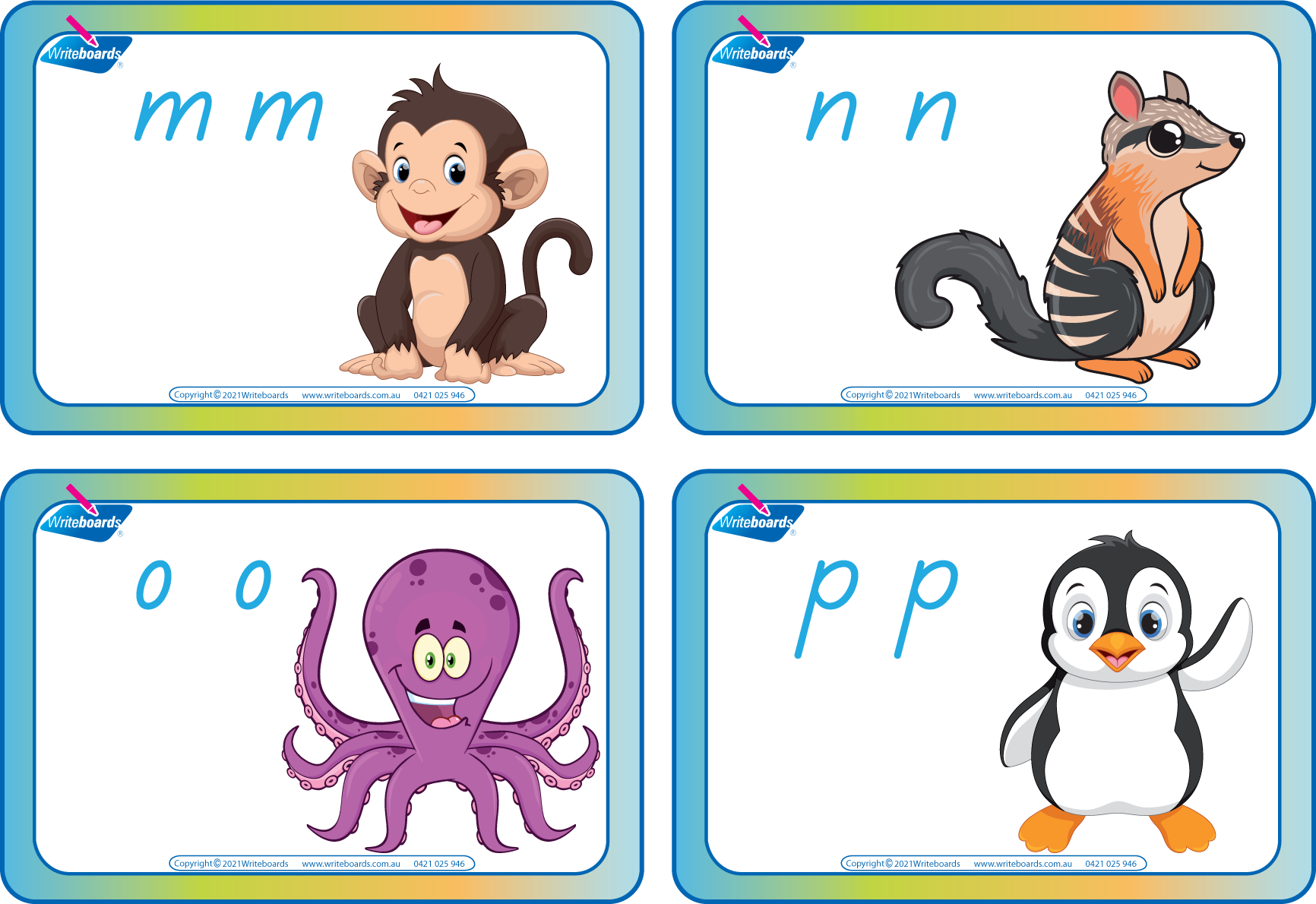 Animal Phonic Flashcard Bundle with 104 cards featuring letters and pictures using TAS School Handwriting