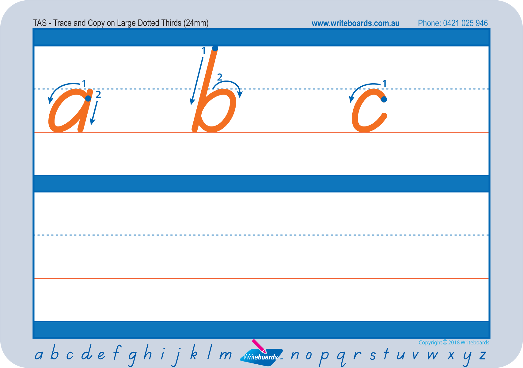 Large lowercase dotted third letter worksheets using TAS Modern Cursive Font for Occupational Therapists and Tutors