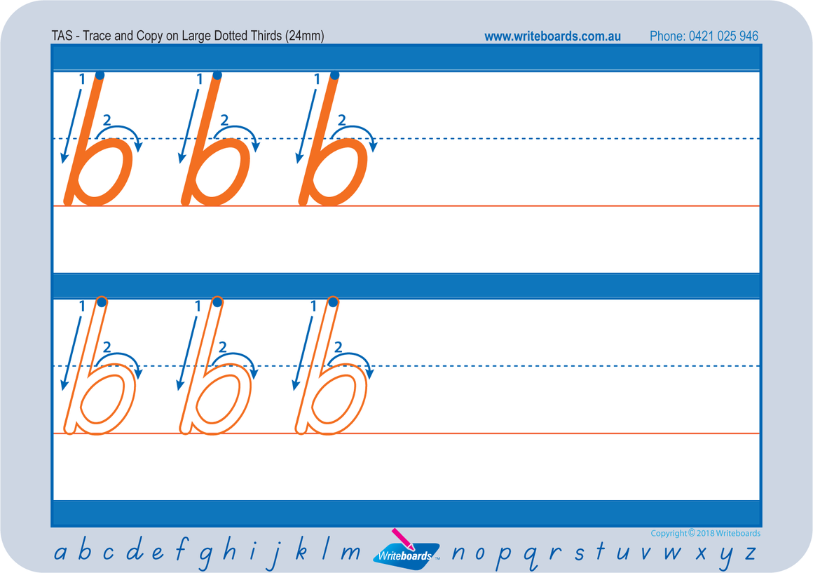 Large lowercase dotted third letter worksheets using TAS Modern Cursive Font for Occupational Therapists and Tutors